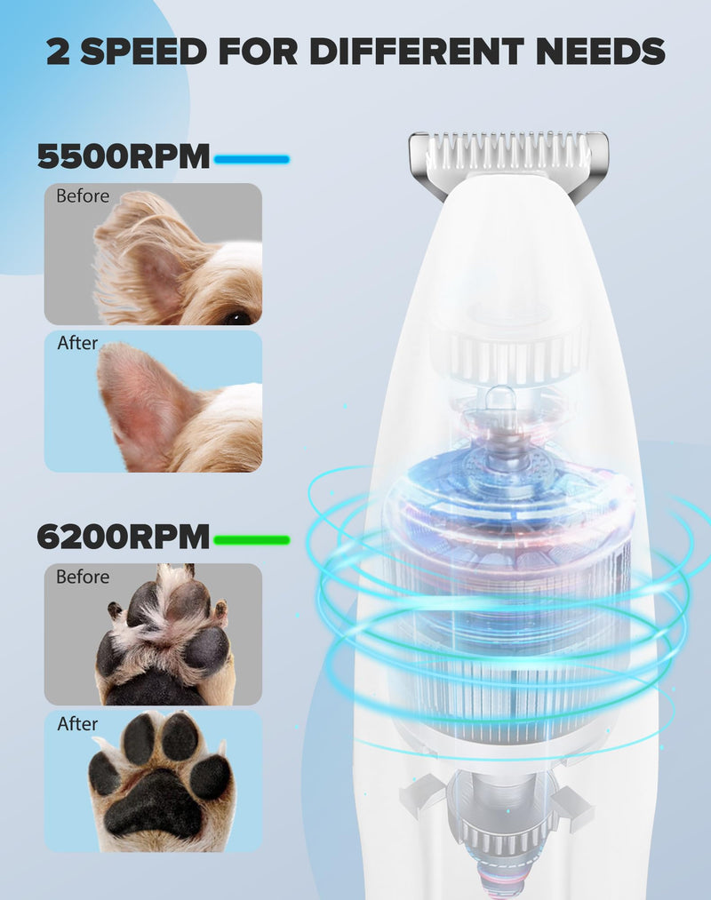 Dogs Paw Trimmer, 2 Speed Low Noise Dog Clippers for Grooming, Cordless Rechargeable Dog Hair Trimmer with LED Light, Widen Blade Cat Pet Hair Shaver for Paws, Eyes, Ears, Face, Rump (White) White