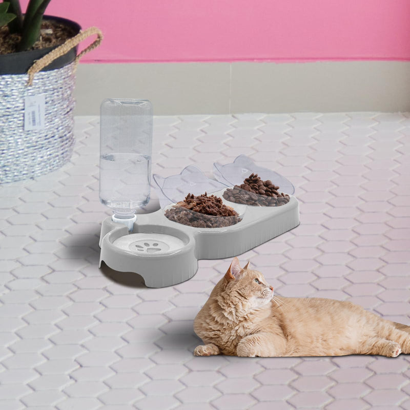 Triple Cat Bowls,15°Tilt 3-in-1 Water Feeder Bowls Cat Double Food Bowls with Automatic Water Bottle Bowl, Whisker Friendly Wet and Dry Cat Elevated Feeding Dishes for Small Cat and Puppy (Lead White) Lead White - PawsPlanet Australia
