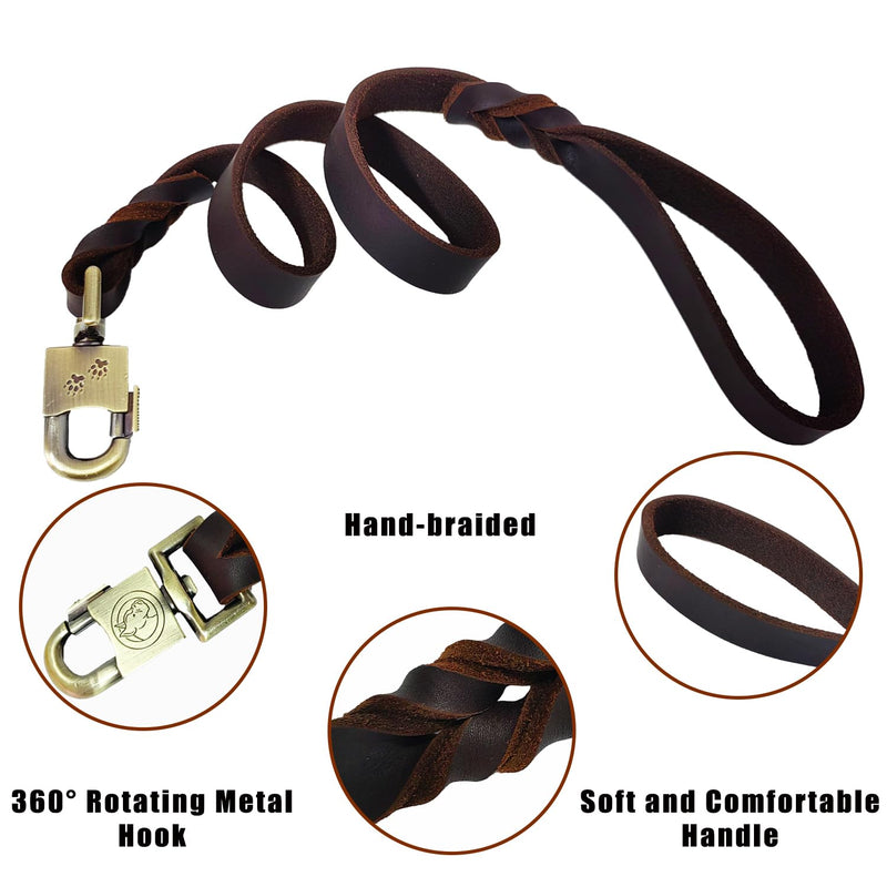 LWBMG Leather Dog Leash 3 ft Upgrade Braided Thick Genuine Leather Dog Leash with Lock Head Hook Short Heavy Duty Pet Training Lead for Medium Large Dogs 3ft x 1 inch Brown - PawsPlanet Australia