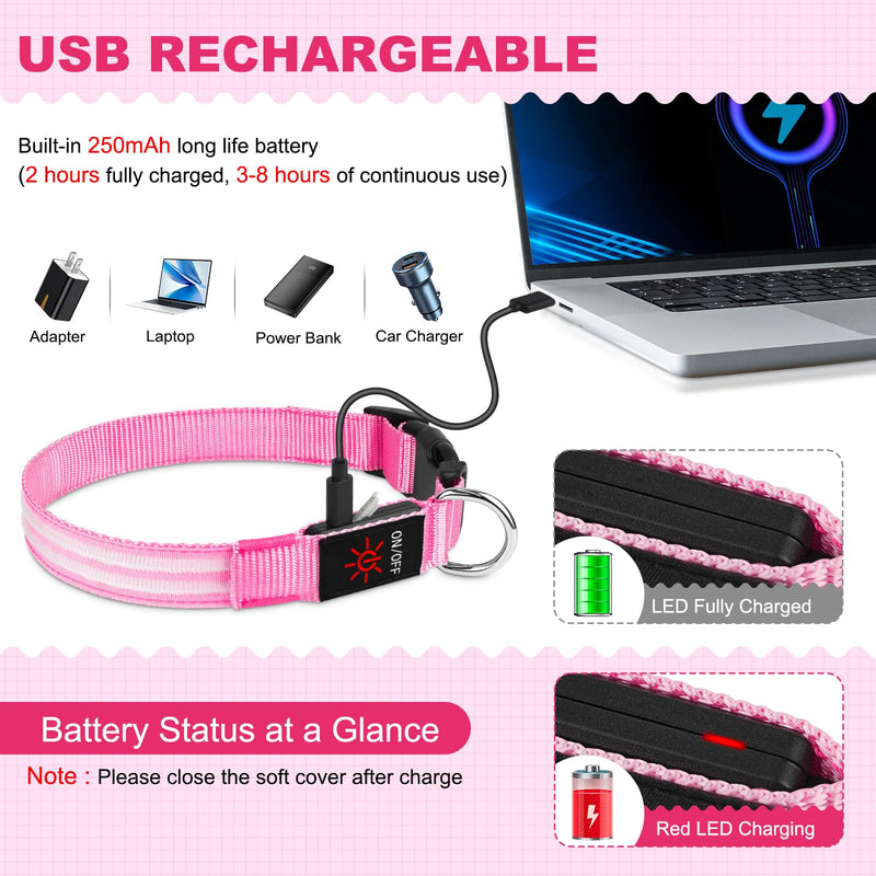 Illumifun LED Dog Collar Rechargeable Light Up Dog Collar Glow in The Dark, Flashing Lighted Glow Collars for Dogs Night Walking (Pink, Large) Pink - PawsPlanet Australia