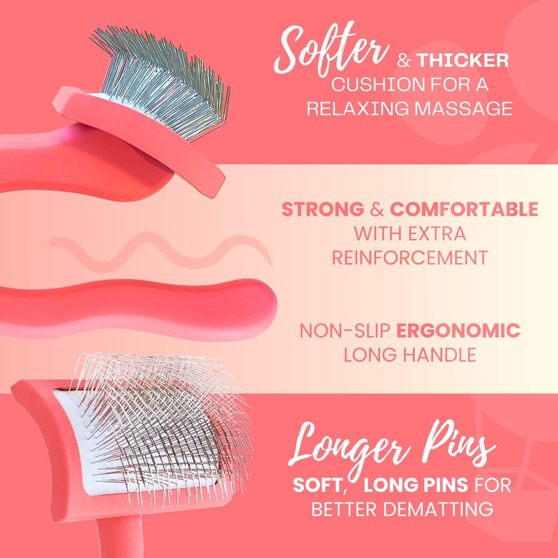 Pet Slicker Brush With Soft Massage Grooming Stainless Steel Pins - For Dematting, Shedding Fur, and Undercoat - Ideal Gift for Professional Pet Groomers - Long Slicker Brush (Coral, Flat Medium) Coral