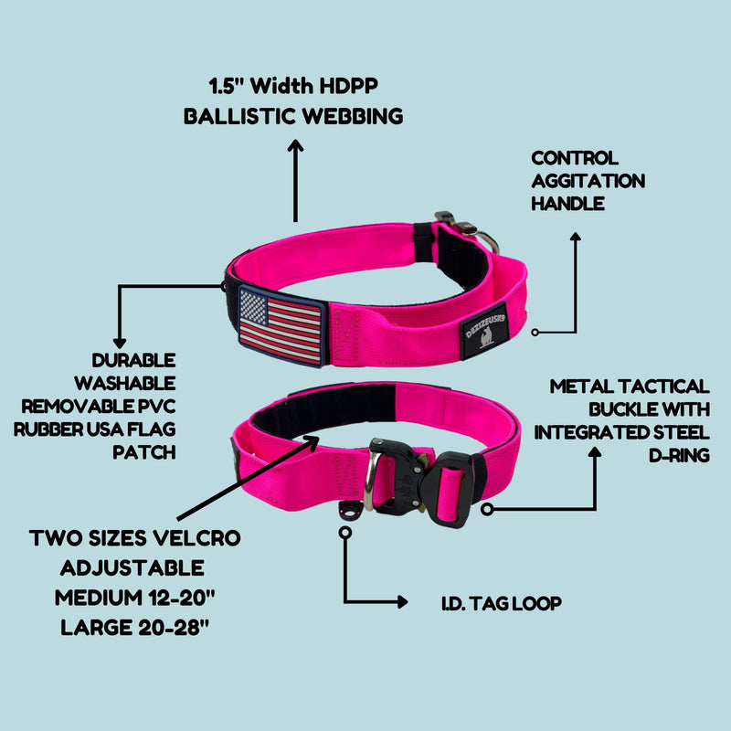 Tactical Dog Collar with Handle - 1.5 Inch Thick Heavy Duty Nylon, Military Style Metal Quick Release Buckle & Integrated D-Ring, for Medium & Large Dogs – Includes USA Flag On Customizable Name Plate adjustable 20-28 inches PINK 20-28 inch