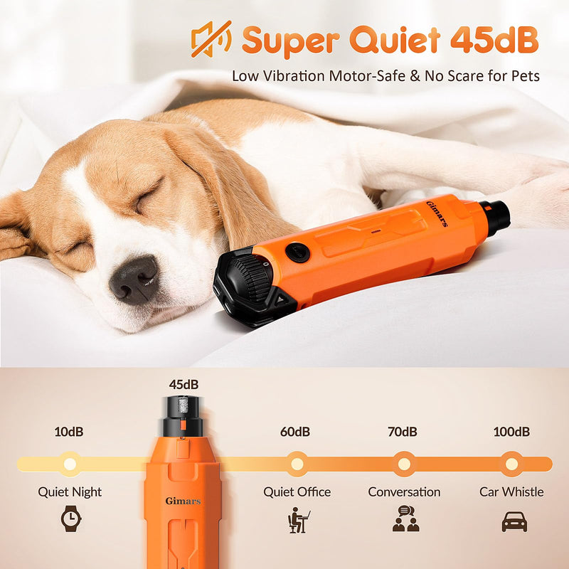 Gimars Upgrade Super Quiet Adjustable 6 Speed Powerful 12000rpm Allow All Controll Dog Nail Grinder 45 db Dual LED Light Pet Nail Grinder USB Rechargeable 3 Ports Nail File for Large Medium Small Dog Orange - PawsPlanet Australia