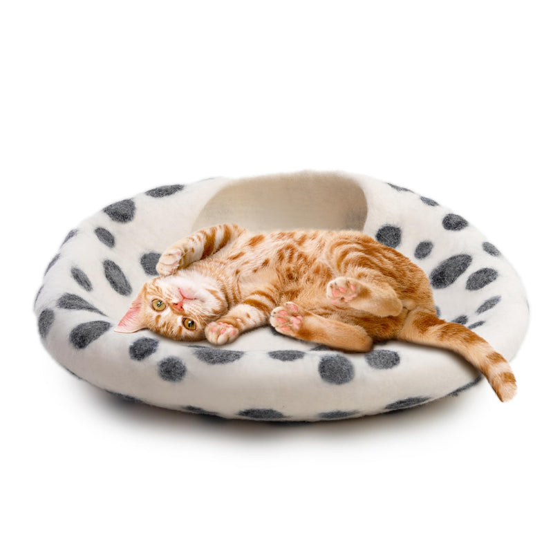 Luxurious Merino Wool Cat Cave - Foldable Hideaway Pod for Indoor Cats - Premium Felt Kitten Pet Enclosure - Covered Cat House for Ultimate Cozy Comfort by Woolygon White Polka - PawsPlanet Australia