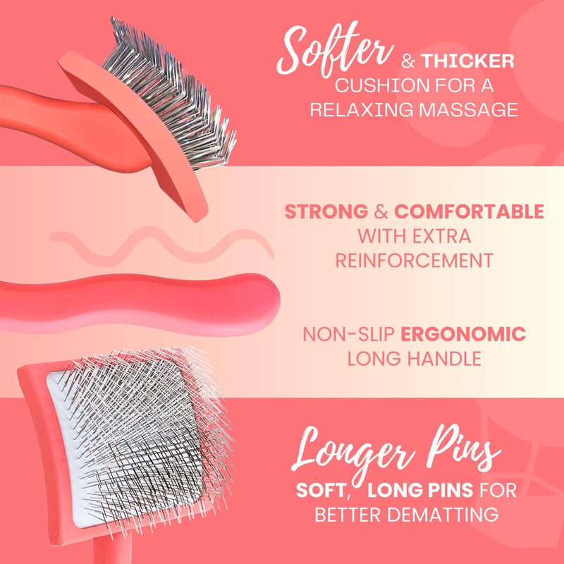 Premium Slicker Brush With Soft Massage Grooming Stainless Steel Pins - For Dematting, Shedding Fur, and Undercoat - Ideal Gift for Professional Pet Groomers - Long Slicker Brush (Coral, Curved Large) Coral
