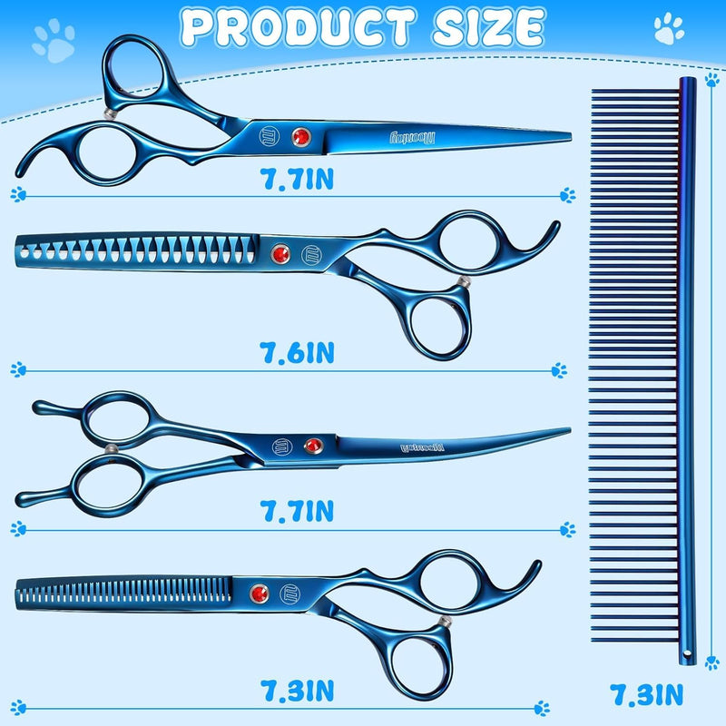 Professional Dog Grooming Scissors, with Safety Round Tips Stainless Steel Professional Dog Grooming Shears Set Straight, Thinning, Chunker, Curved Shears for Long Haired Pet(Blue) Blue