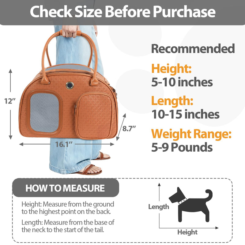 Dog Purse Carrier for Small Dogs, Airline Approved Pet Carrier Purse with Mesh Windows, Soft-Sided Travel Bag for 5–9 lbs Puppy & Cats, Lightweight Tote for Travel & Daily Outings Brown 16.1inch x 8.7inch x 12inch(LxWxH)