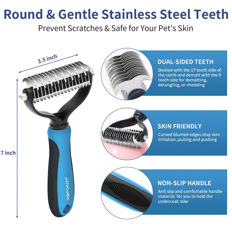 5 in 1 Dog Grooming Kit - Self-Cleaning Slicker Brush for Shedding Short Long Haired Dogs & Cats, Includes Pet Comb, Flea Comb, Bath Brush, Undercoat Rake - Complete Fur Care Set - Blue - PawsPlanet Australia