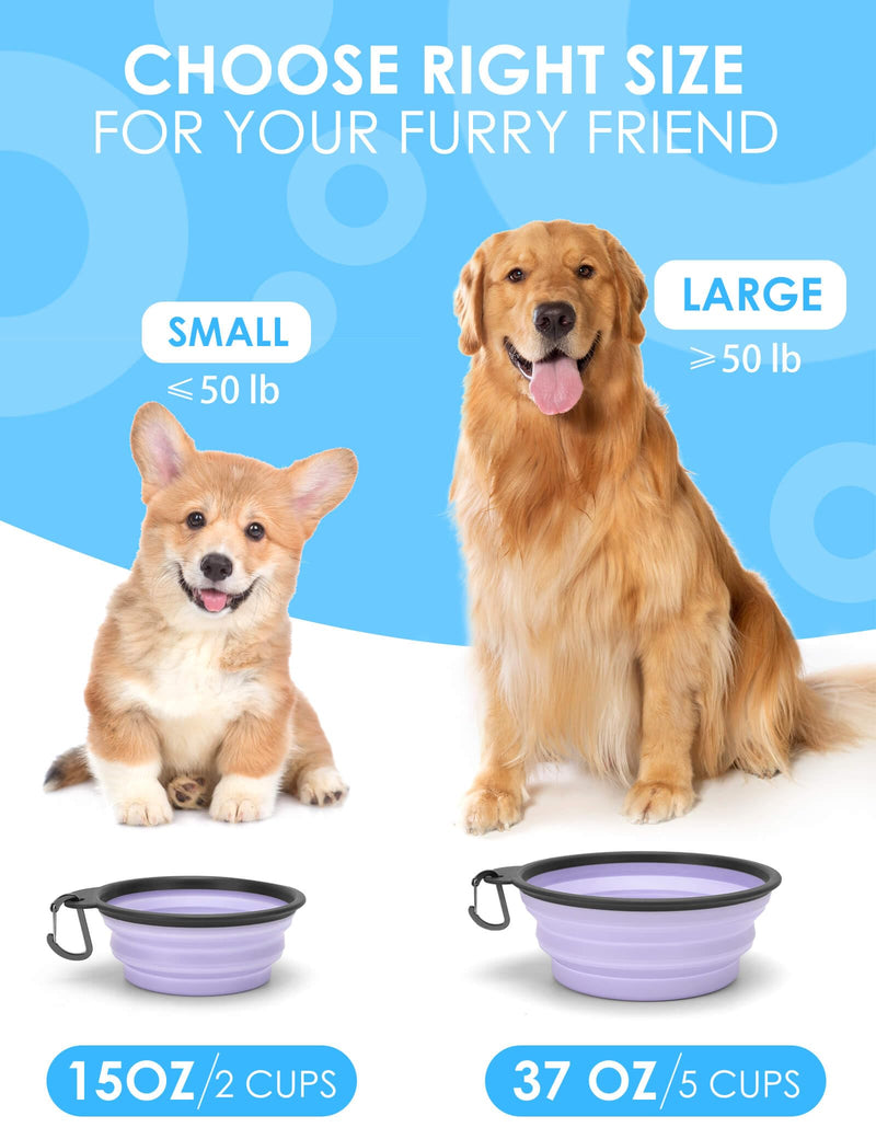Aonkey Collapsible Dog Bowls with Bottle Carrier, 2 Pack Travel Dog Water Bowl Upgraded Carabiner, One-Piece Molded Rim No Fall Off or Crack, Foldable Silicone Portable for Pets Walking Hiking 37oz Large (Pack of 2) 4. Light Violet & Pink - PawsPlanet Australia