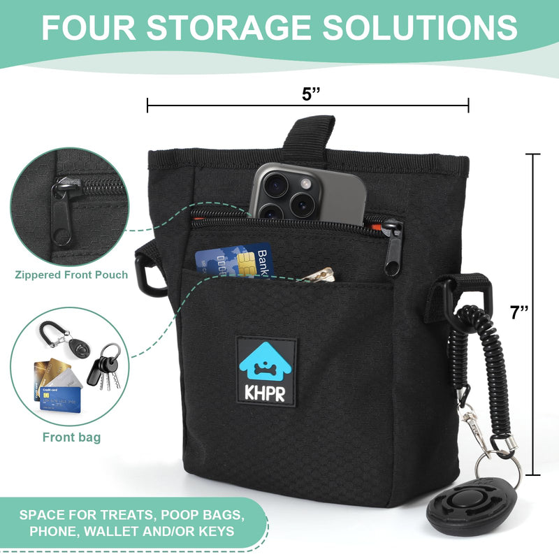 Dog Treat Pouch Magnetic Closure with Training Clicker，Hands-Free Design to Prevent Spills，Built in Poop Bag Dispenser，3 Ways To Wear，Metal Clip Waist Belt and Fanny Pack for Pet Walking（Black） Black - PawsPlanet Australia
