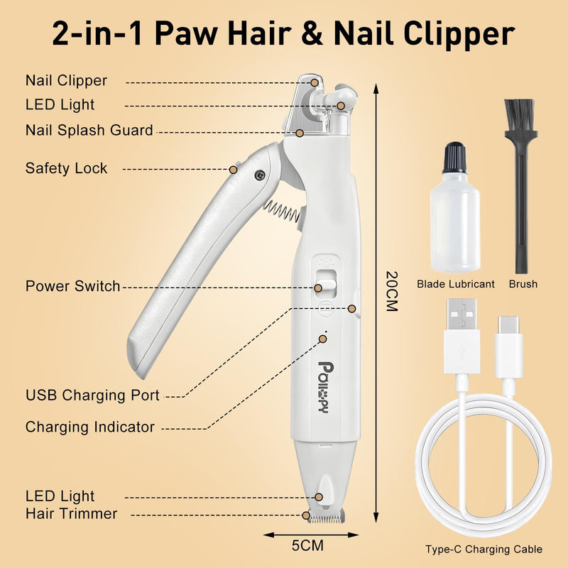 2-in-1 Dog & Cat Paw Hair Trimmer & Nail Clipper with 2 LED Lights, Splash Guard & Safety Lock, Micro Pet Claw Hair Trimmer Shaver for Paws, Ear, Eye, Face, Extra Sharp Rechargeable Grooming Tool - PawsPlanet Australia