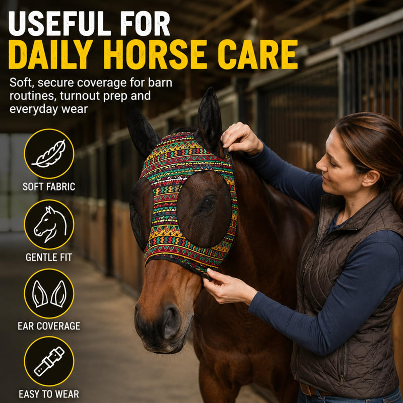 Qualirey 8 Pcs Fly Masks with Ears UV Protection Elastic Horse Face Cover Breathable Mesh for Riding Stable Pasture Supplies(Large,Geometric) Large Geometric