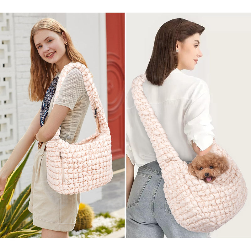 Fashion Quilted Pet Sling Carrier for Small Dogs with Tether Large Puffer Hobo Bag Padding Shoulder Bag for Puppy&Cats,Up to 13lbs (Beige) Beige A - PawsPlanet Australia