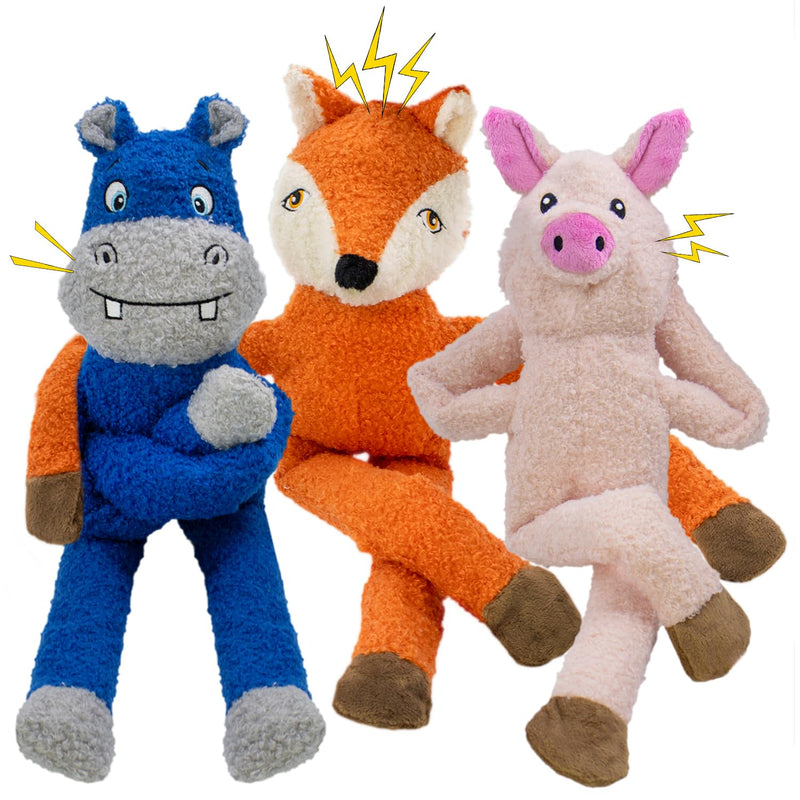 3 Pack No Stuffing Crinkle Squeaky Interactive Plush Dog Chew Toys to Keep Puppy Busy for Boredom & Enrichment Small & Medium Breeds Furry Friend Teething Orange Fox Pink Pig Blue Hippo - PawsPlanet Australia
