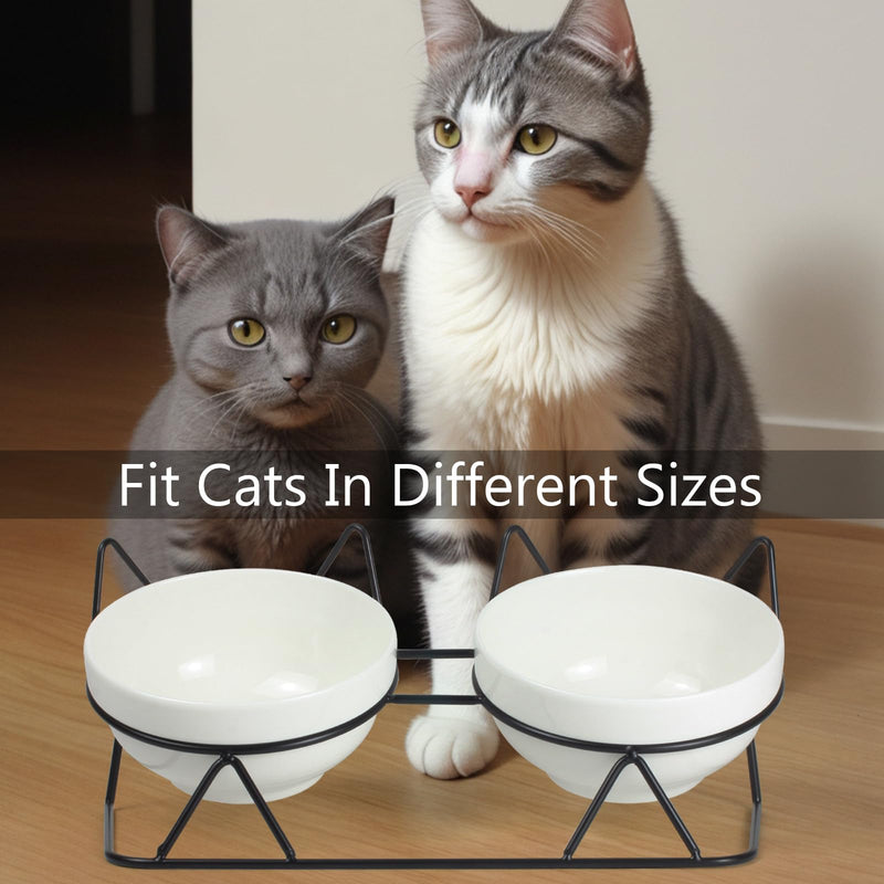 Elevated Tilted Cat Bowls for Indoor Cats，Raised Ceramic Cat Bowl Elevated 15°,Pet Feeding Bowls for Food and Water Anti Vomiting Bowl(Double Ceramics Bowls and Tilt Shelf) Suitable for All Cat Sizes - PawsPlanet Australia