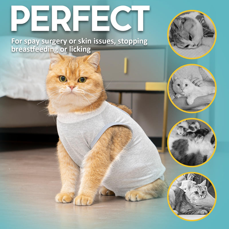 Avont 2 Pack Cat Recovery Suit - Kitten Onesie for Cats After Surgery, Cone of Shame Alternative Surgical Spay Suit for Female Cat, Post-Surgery or Skin Diseases Protection -Grey/Dark Grey (M) Medium Light Grey/Dark Grey