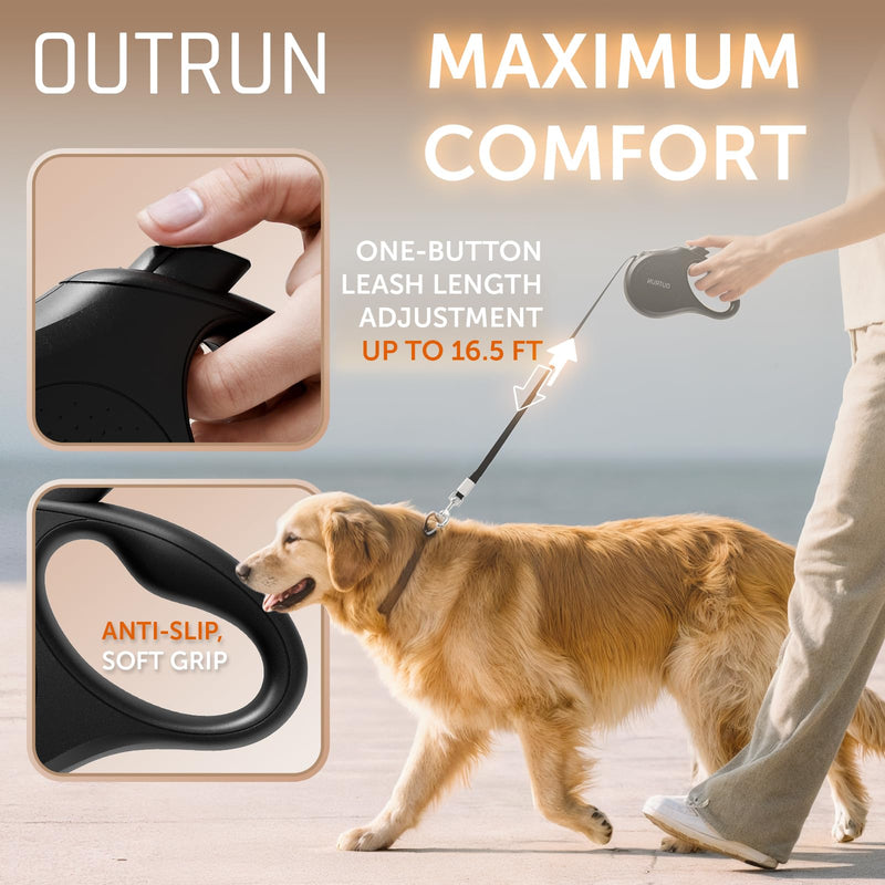 OUTRUN Retractable Dog Leash 16.5 FT Walking Leash up to 55 Lbs, Strong Nylon Tape No Tangle, Heavy Duty One-Handed Brake Lock Perfect for Small & Medium Sized Dogs and Pets Black - PawsPlanet Australia