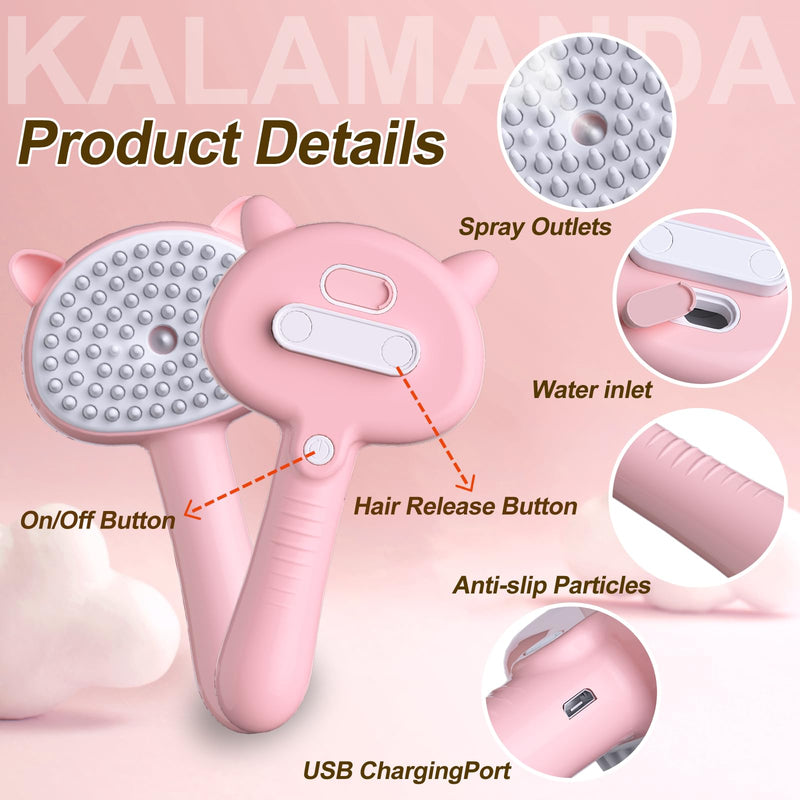KALAMANDA Cat Steam Brush for Shedding, 4 in 1 Steamy Cat Brush with Handle, Rubber Pet Misting Brush with Release Button, Mist Dog Comb with Cleanser for Indoor Kittens Small Animals(Pink) - PawsPlanet Australia