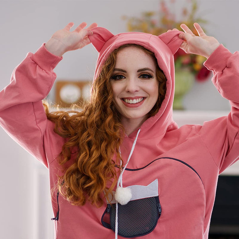 ALYC Pet Carrier Hoodie Cat Dog Pouch Holder Sweatshirt Large Pocket Pullover Shirt with Cat Ear for Women Pink 3X-Large - PawsPlanet Australia