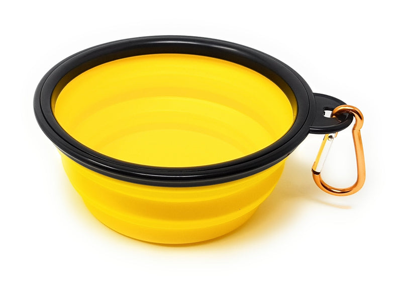 4LegsFriend Pet Bowls with Carabiner Clips | BPA Free Food Grade Silicon for Dog and Cat Expandable Travel Bowls Comes in 2 Sizes | Pop Out Dog Bowls Small Yellow + Black - PawsPlanet Australia
