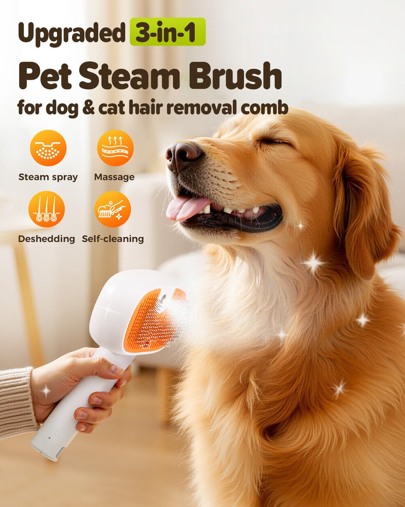 Pet Steam Brush for Dog &Cat, 3-in-1 Self-Cleaning Dog Brush Pet Spray Hair Removal Comb, 2 Spray Modes Rechargeable Deshedding Dog Steam Spray Hair Brush for Shedding Massaging Cleaning (White) White - PawsPlanet Australia