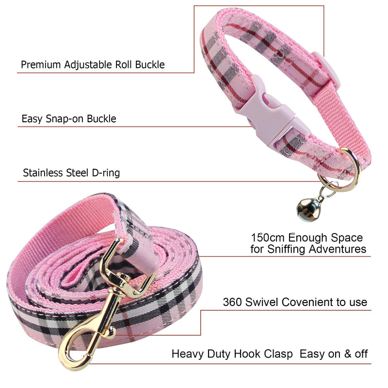 Cute Plaid Dog Collar Harness and Leash with Safety Buckle - Adjustable and No Pull Comfortable Dog Collars for Small Puppy, Stylish Durable Gift for Boy Girl Pets S pink-03 - PawsPlanet Australia
