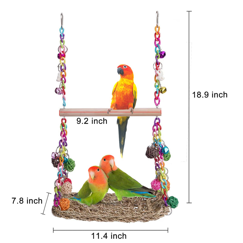 Bird Swing Toys with Wood Perch, Seagrass Woven Parrot Platform Bird Climbing Hanging Hammock Bird Perch Stand Chewing Toy for Parakeets,Budgie, Conure, Cockatiel,Lovebird - PawsPlanet Australia
