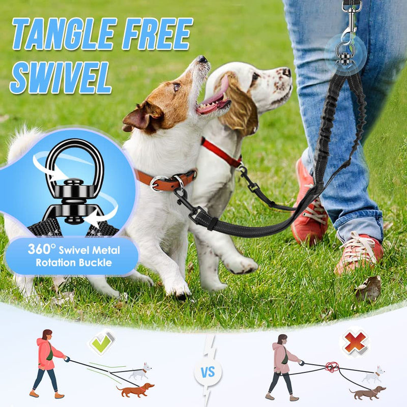 Double Dog Leash, No Tangle 360°Swivel Rotation Reflective Lead Attachment Adjustable Length Dual Two Dogs Lead Splitter, Comfortable Shock Absorbing Walking Training for 2 Dogs Black-Adjustable Small?7-20lbs)