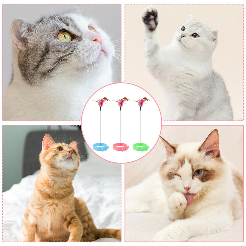 Cat Collar Toy, 3 Pcs Cat Feather Toy with Neck Collar, Interactive Self Playing Toys with Bell for Indoor Kittens Small Animals(Pink/Blue/Green)