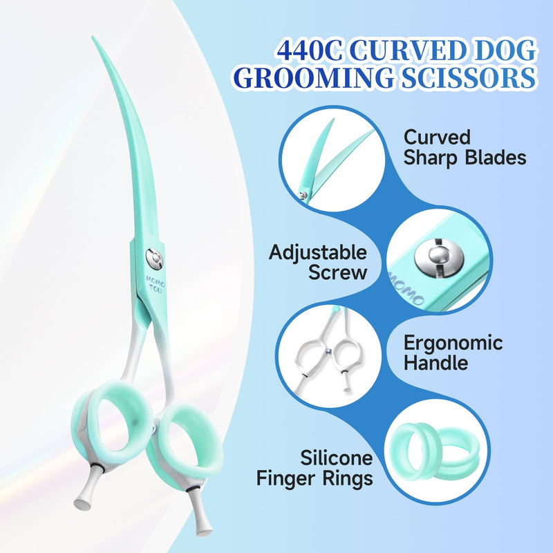 Curved Dog Grooming Scissors Green to White Gradient 440C Stainless Steel Sharp Durable Dog Shears for Professional or Home Use Ergonomic Handle with 2 Silicone Finger Rings - PawsPlanet Australia