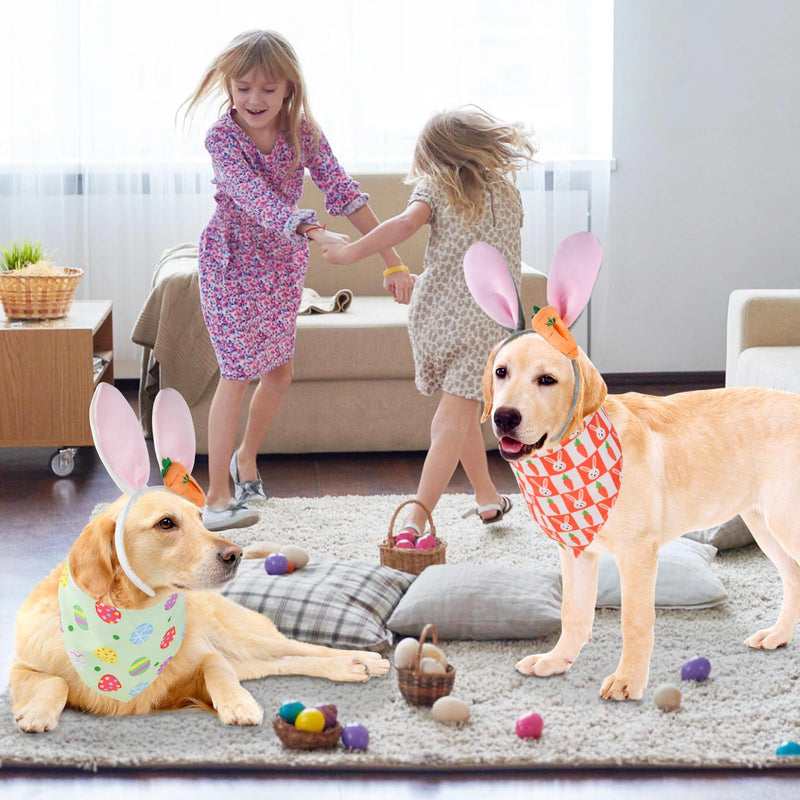 Easter Dog Costumes Set Dog Easter Outfits Bunny Ears Headband with Cute Carrot & Reversible Easter Themed Pattern Bandana Set for Small Middle Large Size Dog (2 Sets) - PawsPlanet Australia