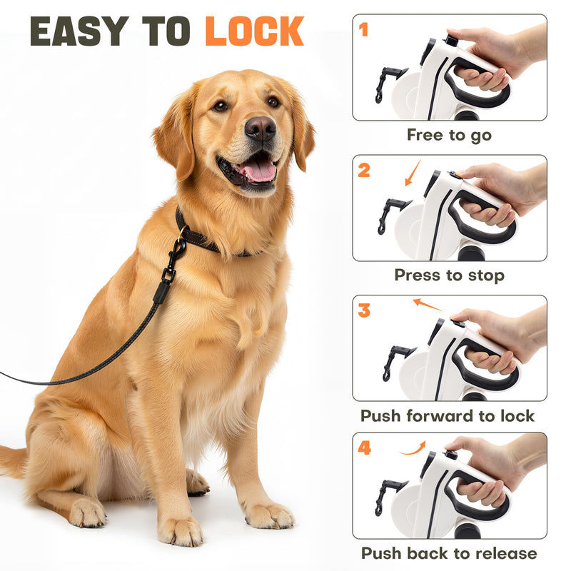 Retractable Dog Leash with LED Light & Reflective Tape for Night Walk, 16ft Dog Leash with Poop Bag Dispenser, Chew-Proof Steel Cable, One-Button Brake & Lock for Medium Dogs up to 66 lbs (BLK&WHT) Coal
