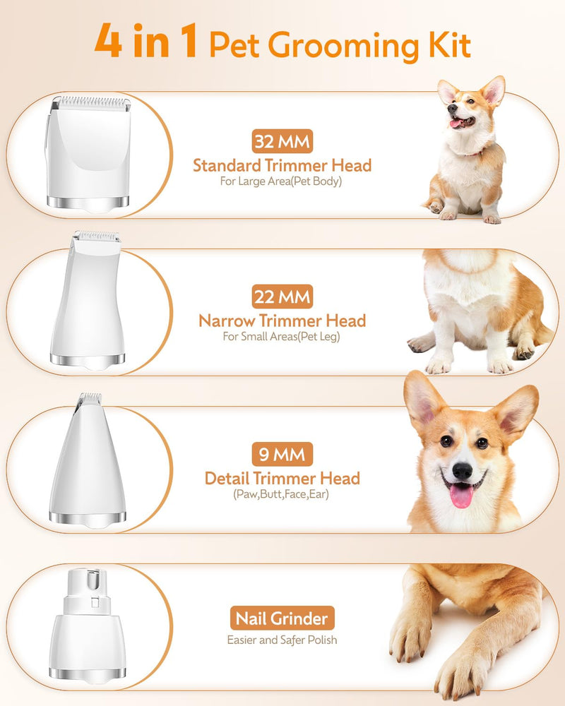 Dogs Hair Clippers Grooming Kit with Nail Grinder, 4 in 1 Cordless Electric Trimmer Low Noise USB Rechargeable, Pet Trimmer for Grooming Paws, Eyes, Ears, Face,Nail, Matted Hair for Small Dog Cat - PawsPlanet Australia