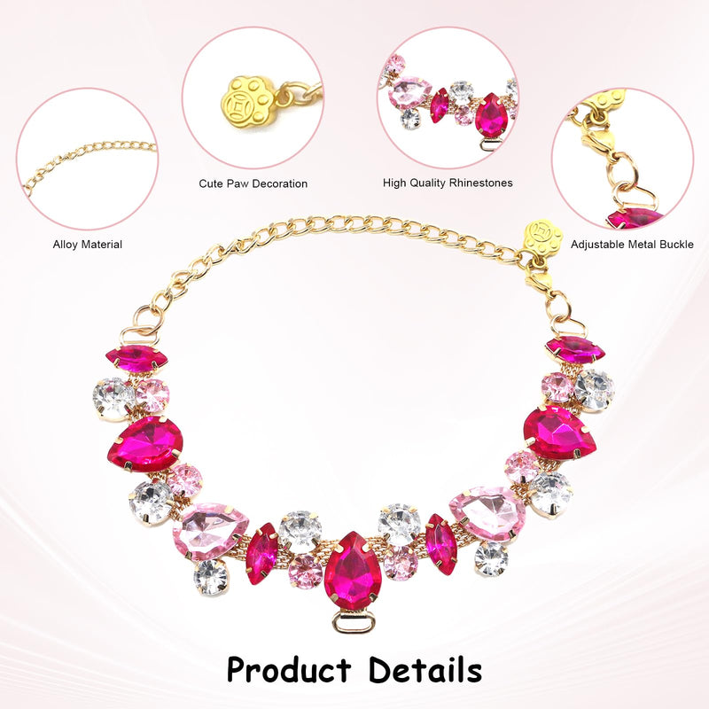Dog and Cat Gold Necklace, Adjustable Rhinestone Crystal Pet Necklace Collar, Puppy Kitten Jewelry Accessories with Cute Pet Paw, Cat Dog Chain Collar for Small Medium Pets (Pink, S) - PawsPlanet Australia