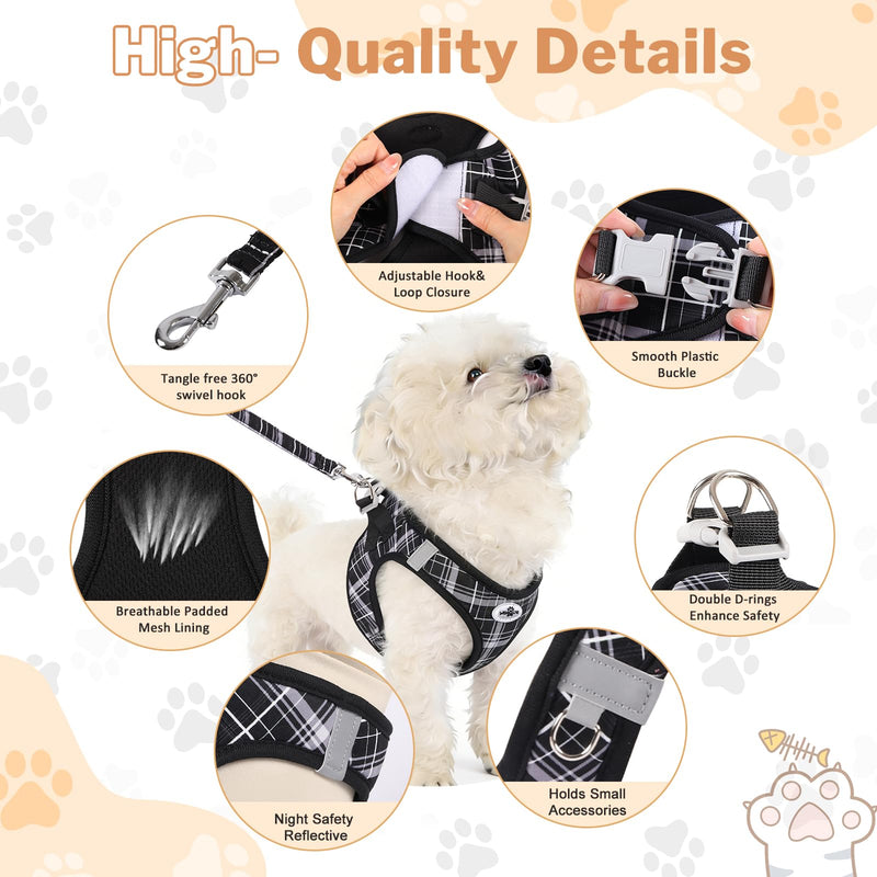 Gyuzh Small Dog Harness and Leash Set, 3-in-1 Step in No Pull Harness Vest Collar for Small Dogs & Cats, Lightweight Breathable Mesh Reflective Plaid with Padded Handle (Black, L) Black - PawsPlanet Australia