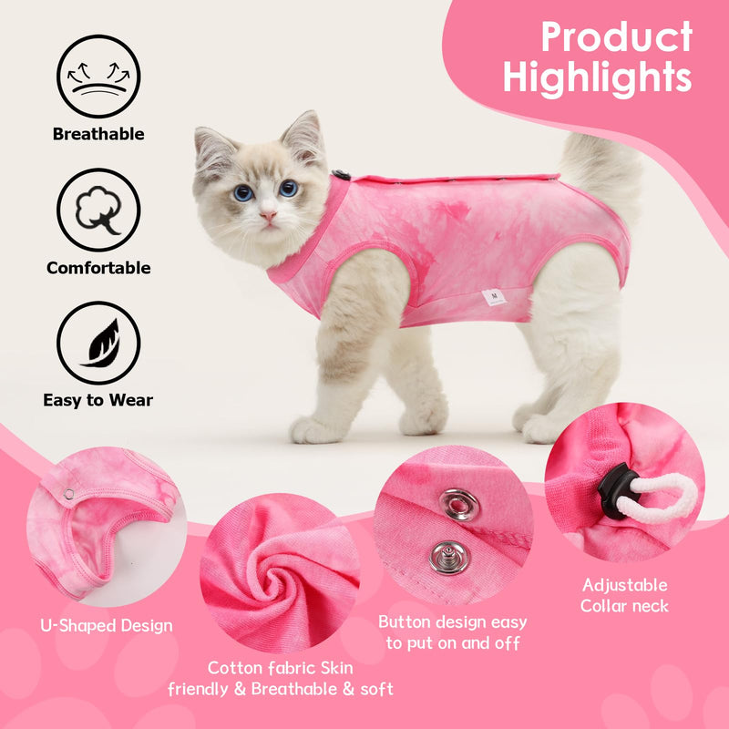 SAWMONG Cat Surgery Recovery Suit,Breathable Cat Onesie After Surgery Spay Surgical,E-Collar Alternative Non-Lick Pet Body Suit Pink M Medium