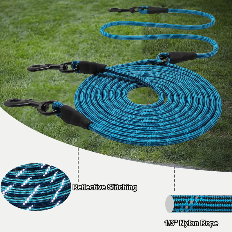 BTINESFUL 12FT 20FT 30FT Reflective Dog Tie Out for 2 Dogs, No Tangle 1/3 Inch Nylon Rope Tether for Two Dogs, Dog Trolley Runner for Yard Outdoor Camping Blue 12 ft x 1/3" - PawsPlanet Australia
