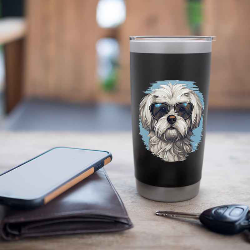 Maltese Dog Breed Pet with Sunglasses Stainless Steel Insulated Tumbler Black 20 Ounces