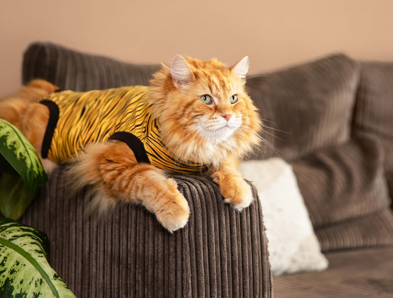 Suitical Cat Recovery Suit for Spay, Neuter, Suture, Incision, & Skin Conditions - Breathable Fabric with Back Opening - 15.7-17.7 Inches Neck to Tail, 18-24 Inches Chest - XS, Tiger Print - PawsPlanet Australia