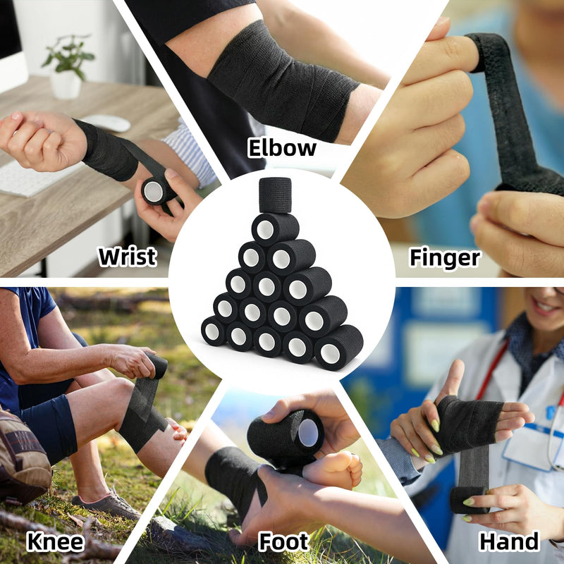 HONYAO Self-Adhesive Dressing, 16 Rolls, 5 cm x 4.5 m Bandage Material, Self-Adhesive Bandage for Dogs, Cats, Horses, Elastic Bandage for Wrist Ankle Sports, First Aid, Black Black 16