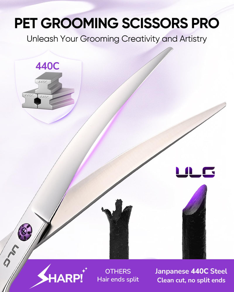ULG 30° Curved Dog Grooming Scissors 440C Stainless Steel, 7.5" Professional Pet Grooming Shears with Reversible Butterfly Handles, Dog Scissors for Grooming Face, Eyes, Paws & Body Curved 440C - PawsPlanet Australia