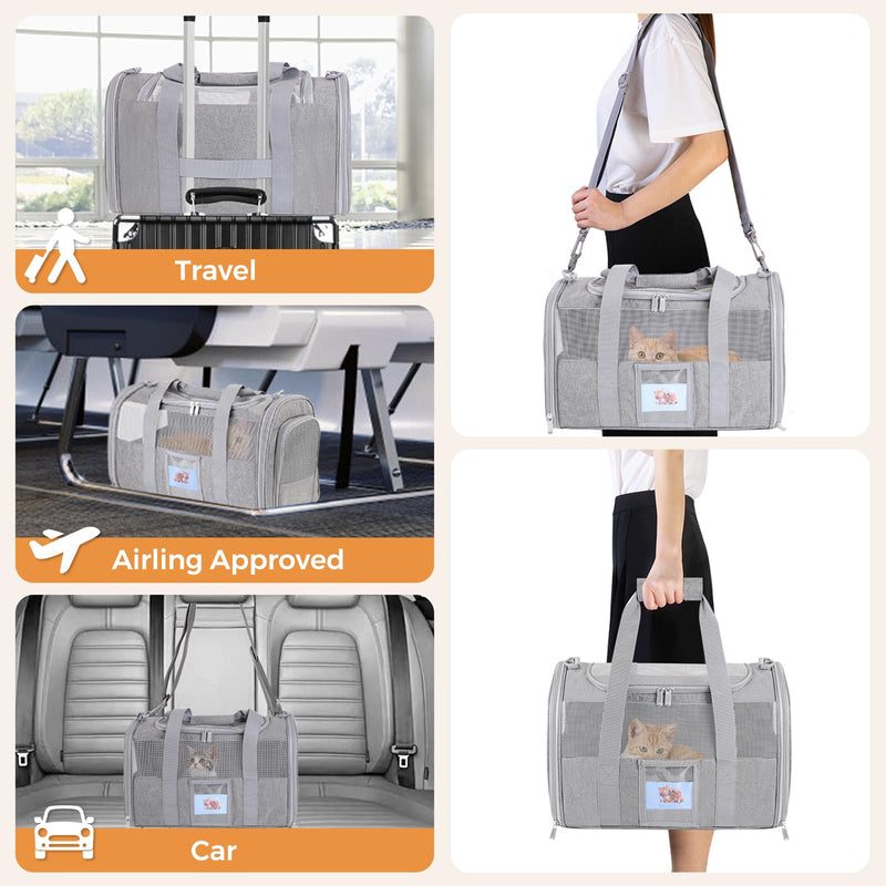 Cat Carrier, Dog Carrier for Small Dog Medium Cats,Pet Travel Bag Puppies up to 15 Lbs,TSA Airline Approved Cat Carrier Soft Grey - PawsPlanet Australia