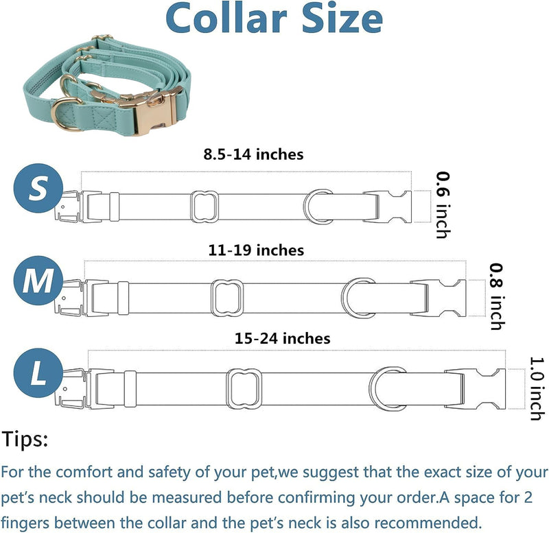 Leather Dog Collar and Leash Set 7FT Reflective at Night - Soft and Easy to Clean Vegan Leather with Gold Metal Buckle for Small Medium Large Dogs (S, Sea Green) S