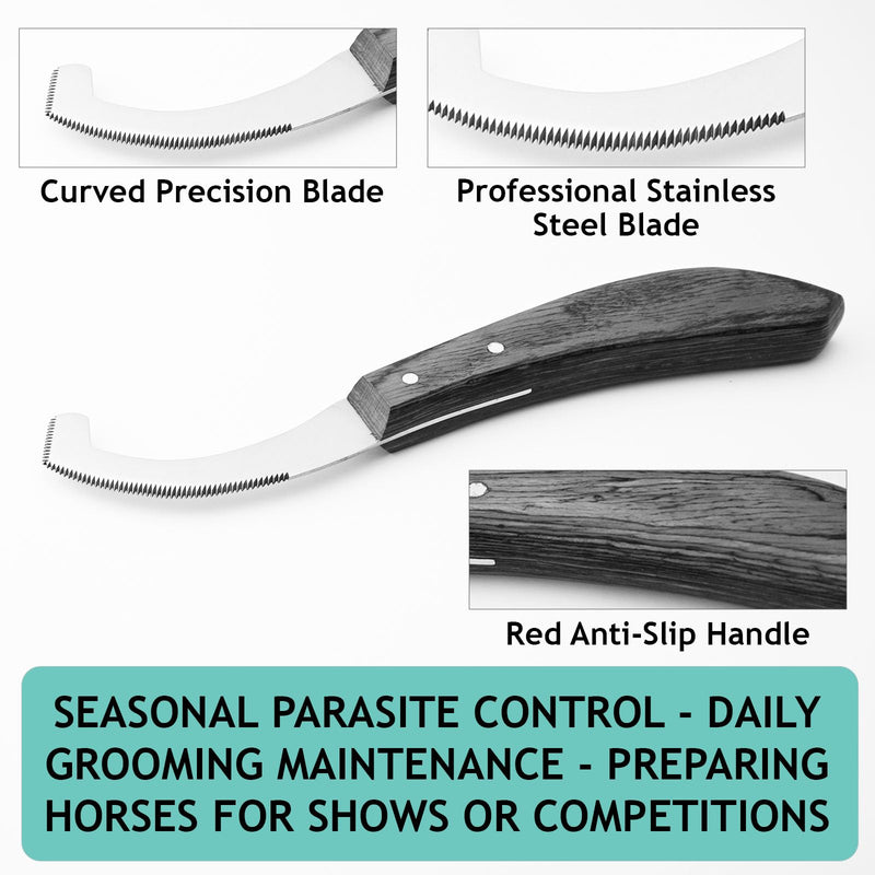 Pro Farrier Grooming Bugs Bot Knife– Stainless Steel Blade, Wooden Handle, Multi-Purpose Mane and Coat Cleaning Tool for Horses, Goats, and Cattle (Black) Black