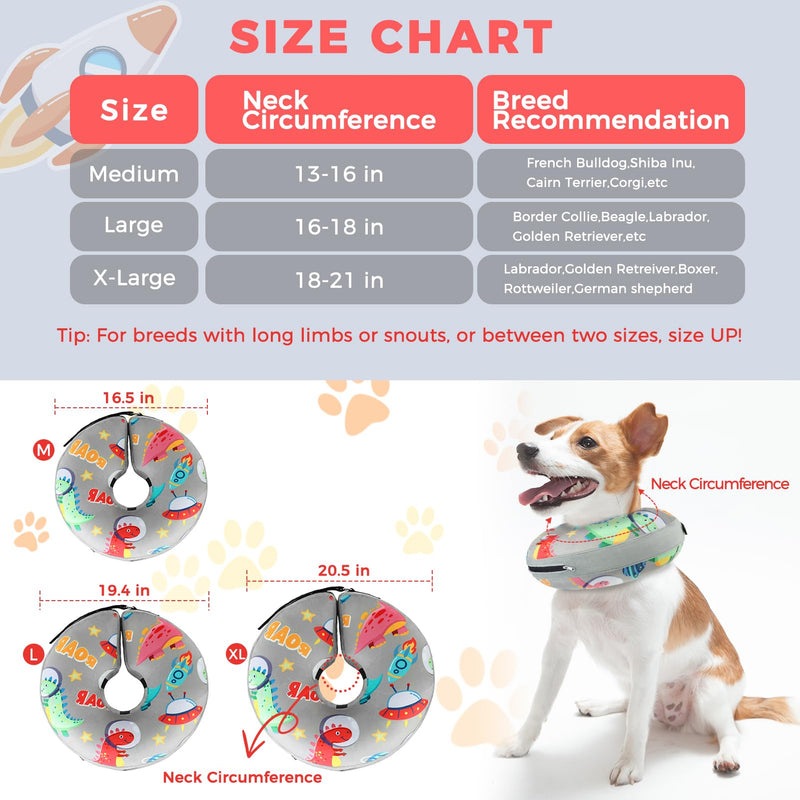 PAWCHIE Inflatable Dog Cone Collar Alternative, Soft Dog Cone for Medium to Large Dogs After Surgery, Adjustable Neck Recovery E-Collars Donut Collar with Cute Dinosaur Prints, Grey L L(Neck:16"-18")