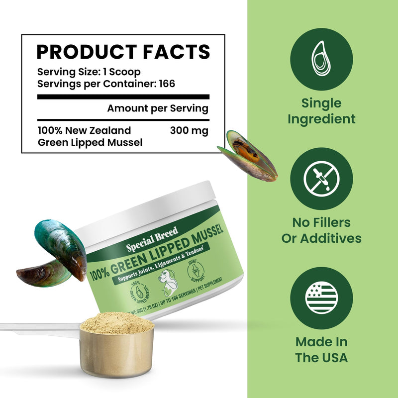 Green Lipped Mussel Powder for Dogs & Cats - 100% New Zealand Green Lipped Mussels - Natural Hip & Joint Supplement for Joints, Tendons, Ligaments, Muscles - 50 Grams - Up to 166 Servings