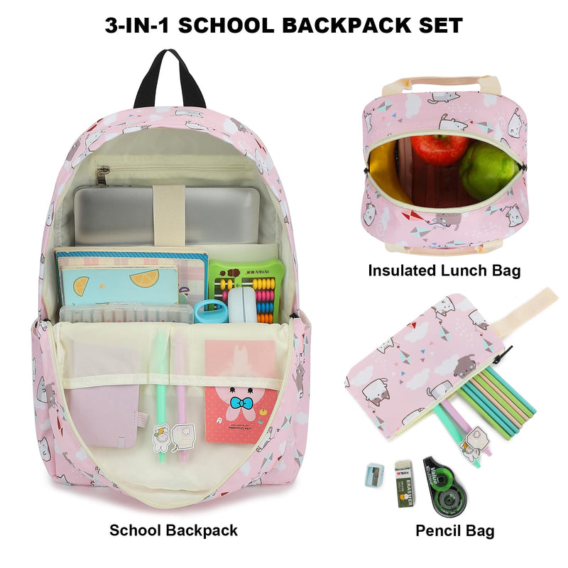 Girls School Backpacks for Kids Teens, 3-in-1 School Bag Bookbags Set with Lunch Bag Pencil Case Cat Pink - PawsPlanet Australia