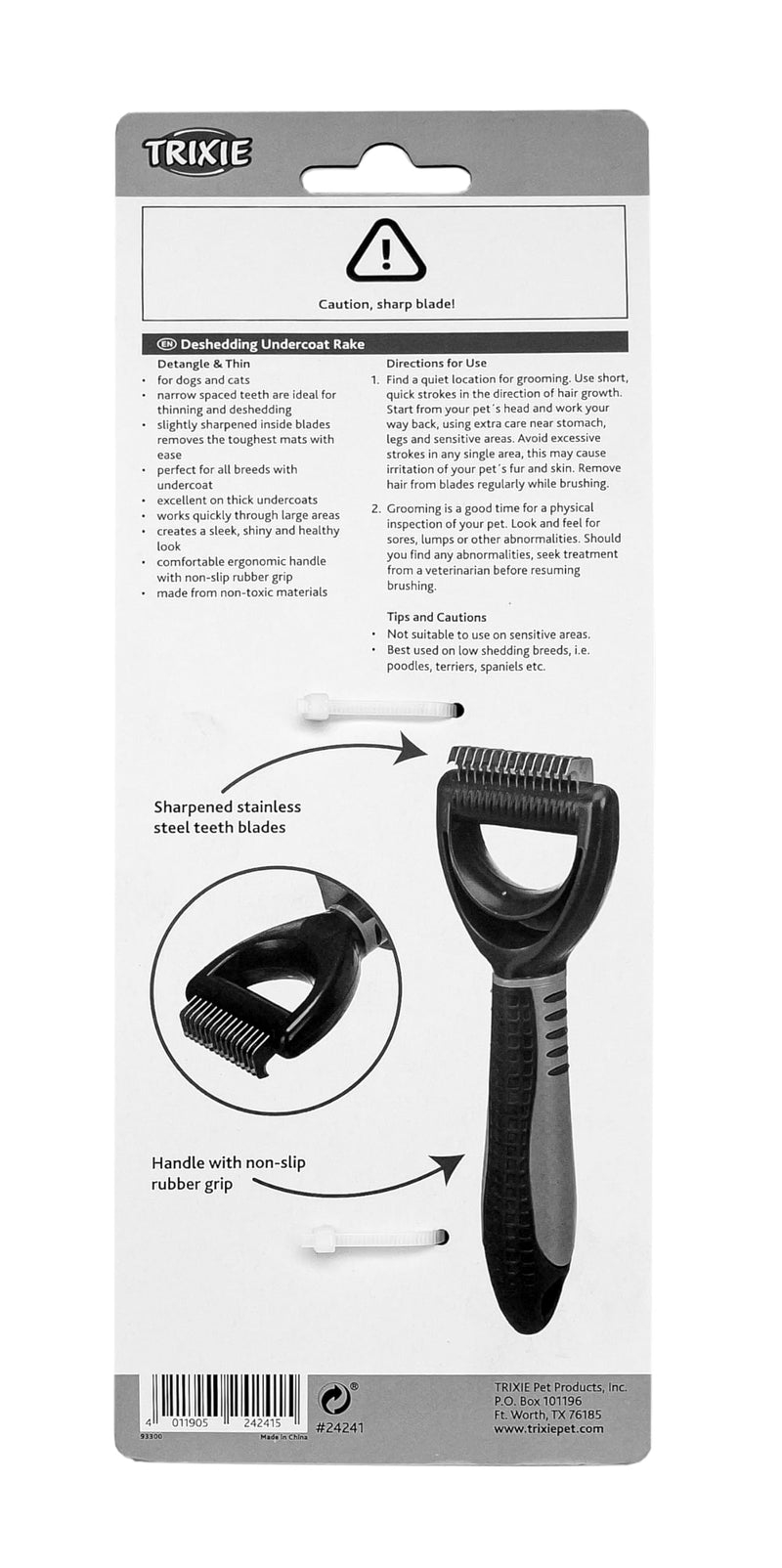 TRIXIE coat detangler for detangling and thinning - smoothes top coat and undercoat - rubberised plastic handle - 1 cm tine length - 5 x 18 cm - black/blue - 24241