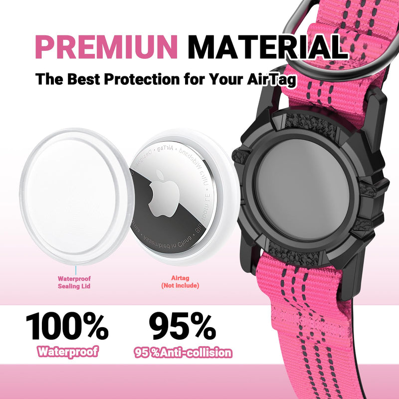 AirTag Dog Collar and Leash, IP68 Waterproof Integrated with Reflective, Ultra-Durable, Comfortable Padded, Heavy Duty Dog Collars for Small Medium Large Dogs, L (14.8"-20.3"), Pink L(14.8"-20.3") Set-Pink - PawsPlanet Australia