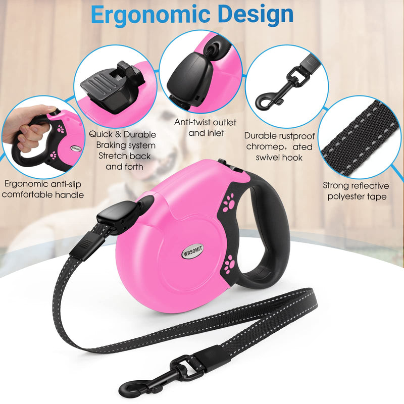 Retractable Dog Leash, 26 Ft Heavy Duty Pet Walking Leash for Small Medium Large Dogs up to 99lbs, Anti-Slip Handle, 360 ° No Tangle, Nylon Tape, One-Handed Brake (Pink) Pink - PawsPlanet Australia